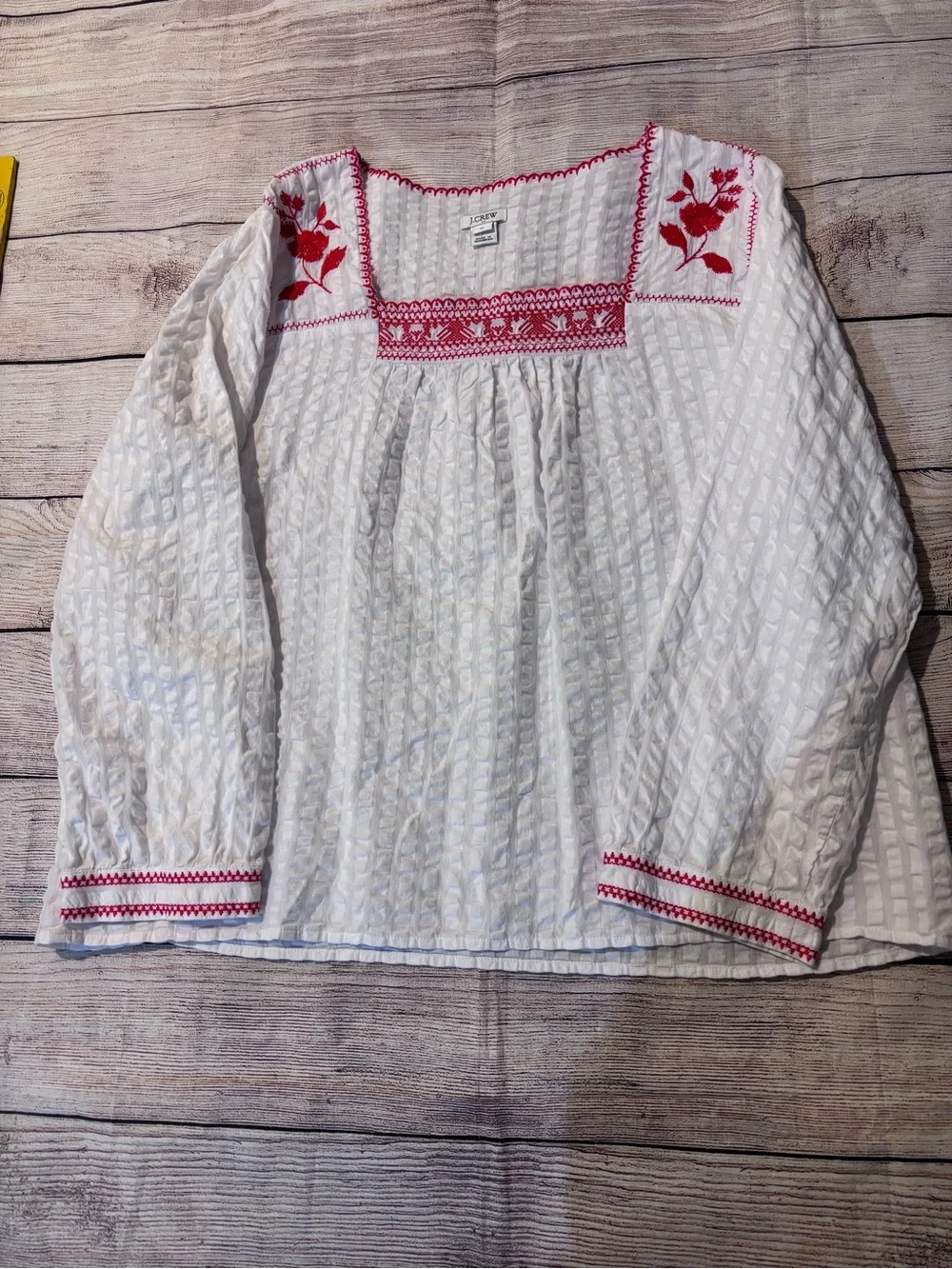 J. Crew White Peasant Blouse with Red Embroidery